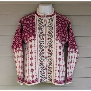 Cherry Lewis Womens 100% Wool Red Wine Cardigan Fair Isle Sweater Size M Vintage